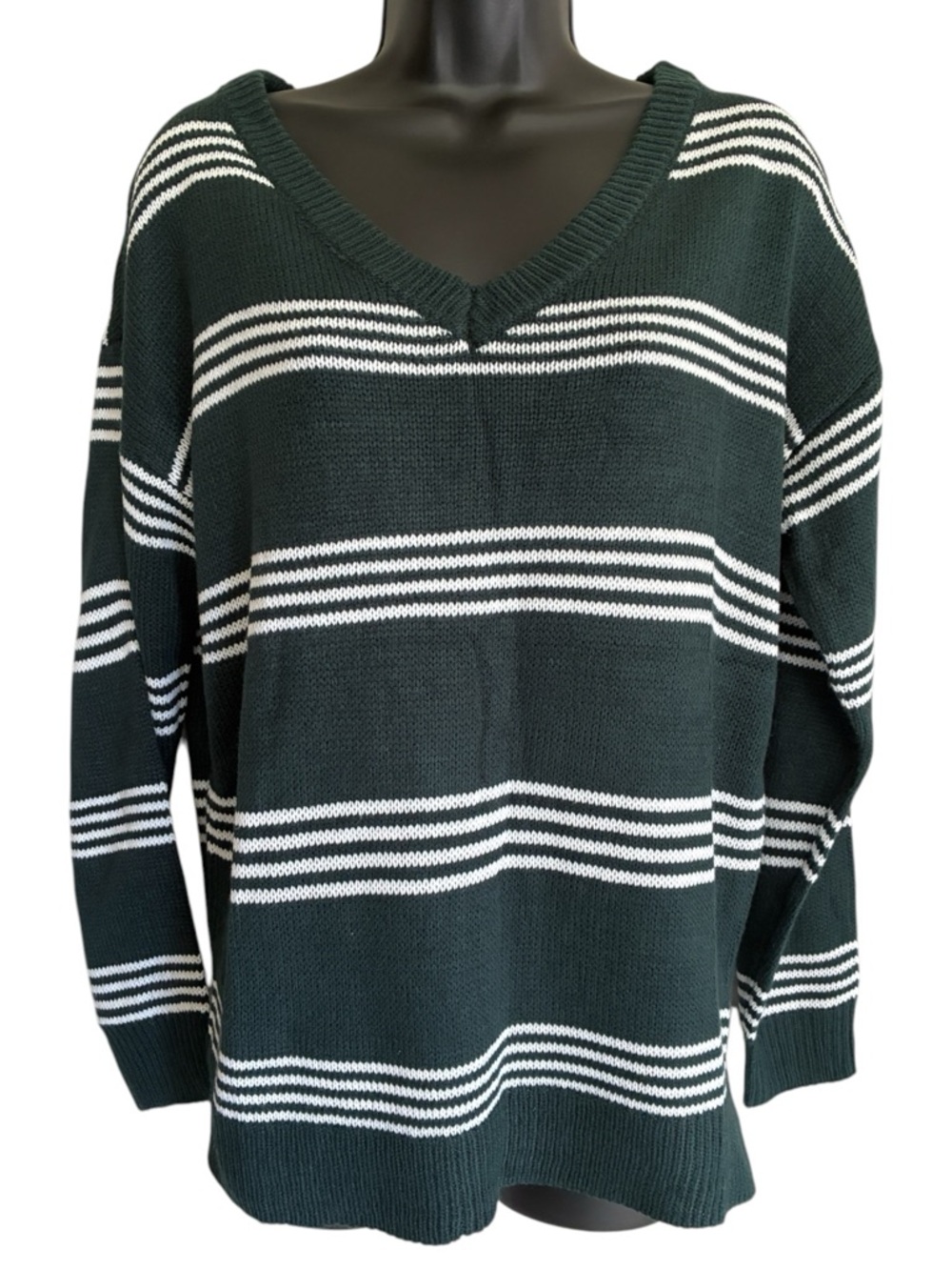 LuLaRoe Oversized Preppy Skater Dark Green White Striped V-Neck Sweater Sz S